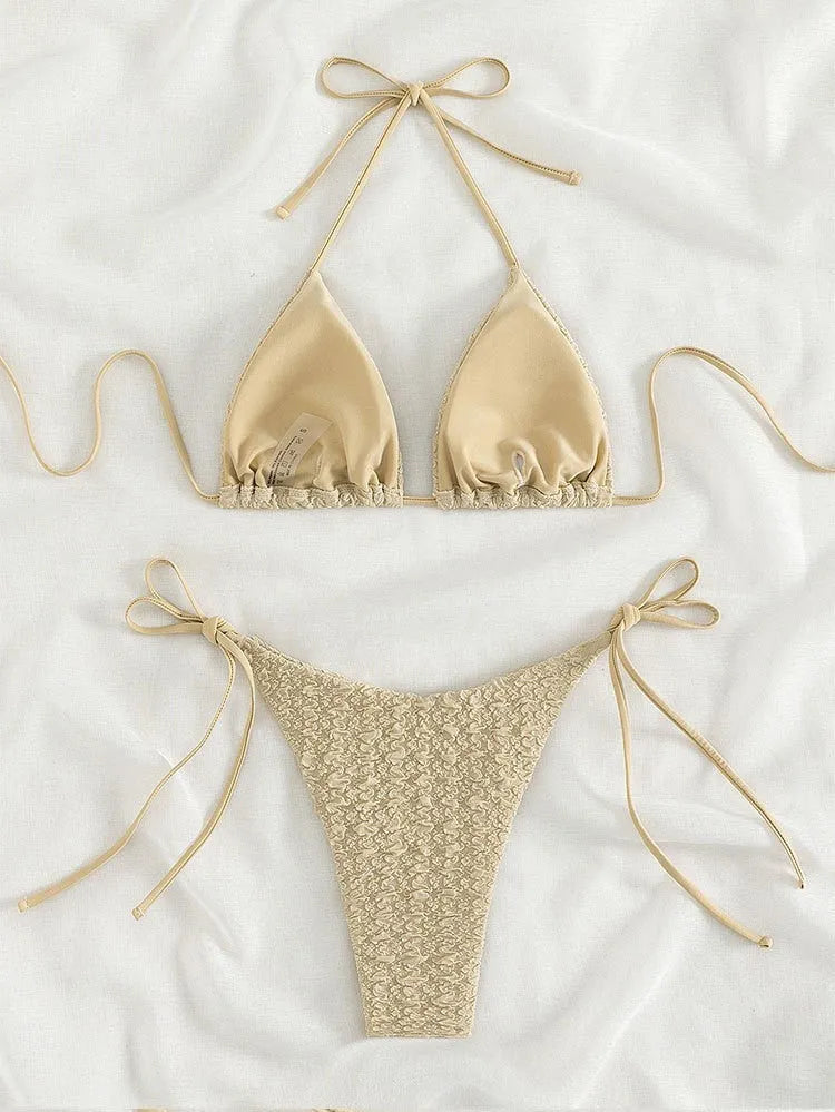Women's khaki high waist bikini with lace-up ties on the sides of the shorts.