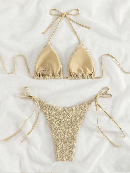 Women's khaki high waist bikini with lace-up ties on the sides of the shorts.
