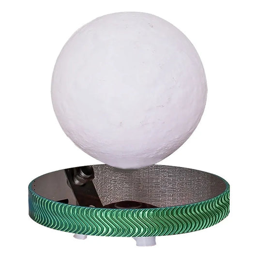 Magnetic suspension moon lamp floating above base with 3D-printed celestial design and soft LED illumination