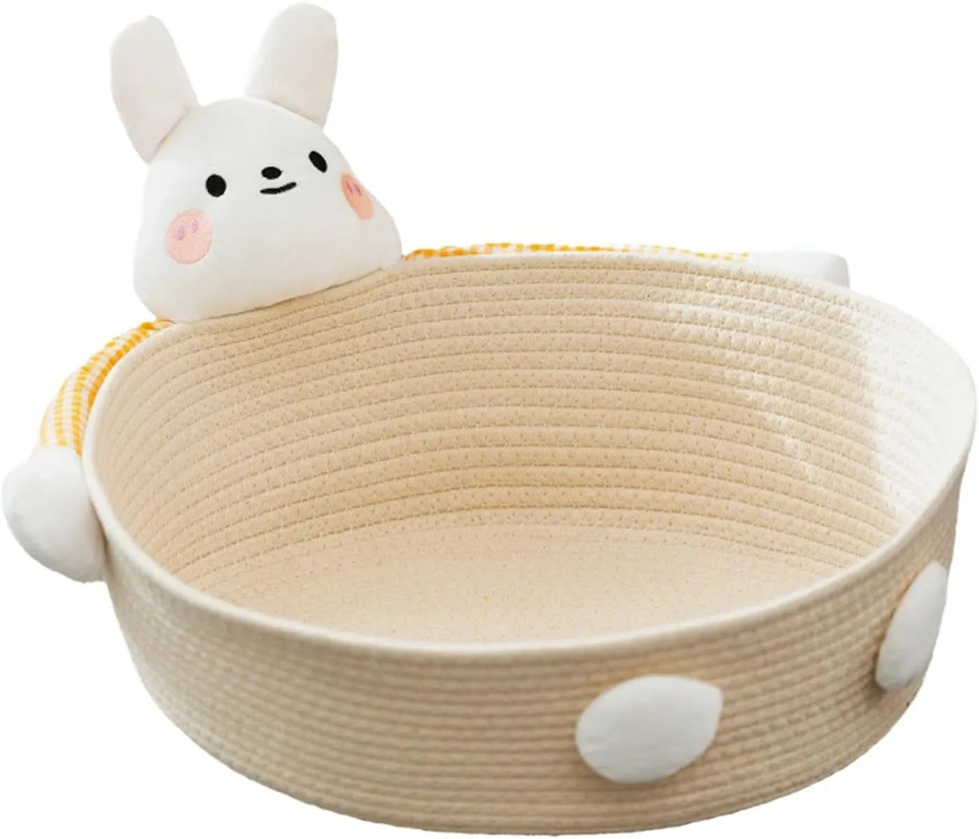 Woven cotton rope basket serving as a pet bed and integrated scratch board for cats, shown in a beige colour.
