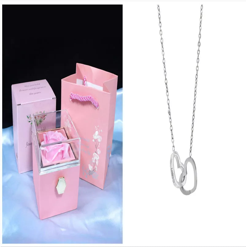 Rotating soap flower rose gift box with jewelry drawer in red, blue, lake blue, or pink