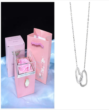 Rotating soap flower rose gift box with jewelry drawer in red, blue, lake blue, or pink