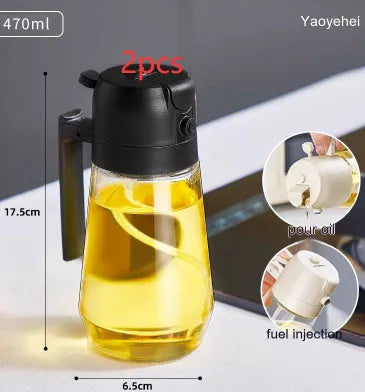 470ml glass olive oil sprayer and pour bottle with ergonomic handle in beige, yellow, green, and black colour options.