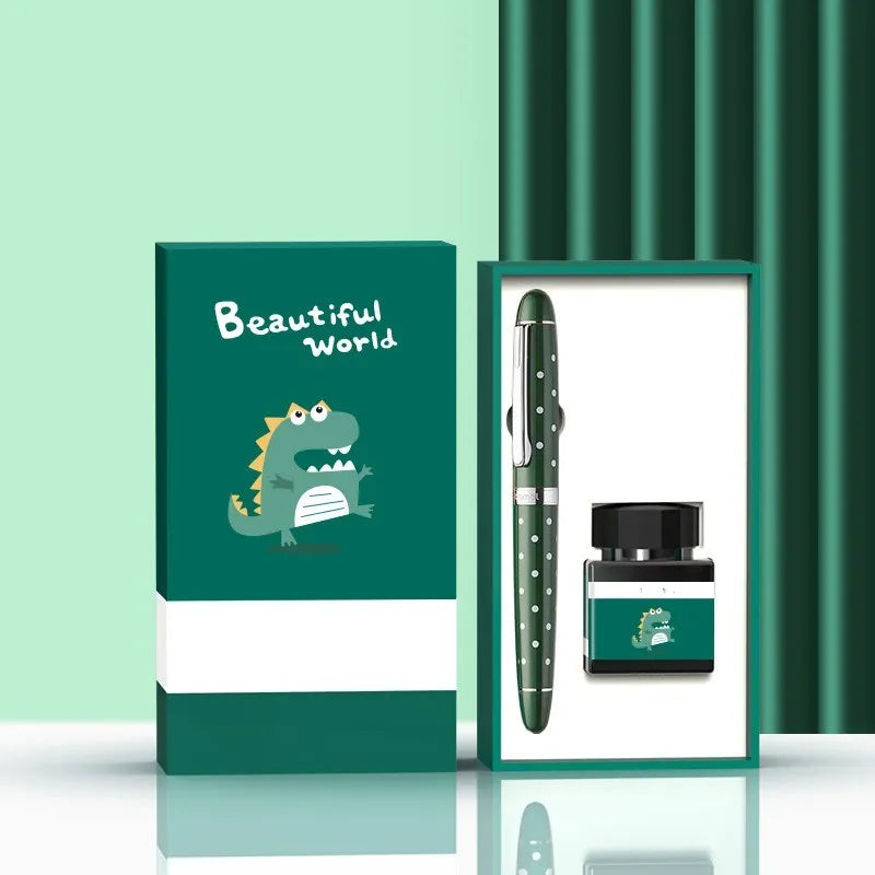 Metal beginner calligraphy fountain pen with gift box, available in Avocado, Bear, and Little dinosaur styles.