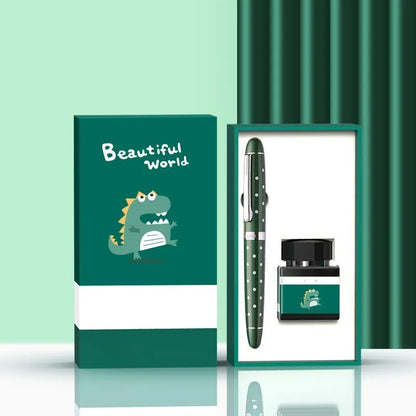 Metal beginner calligraphy fountain pen with gift box, available in Avocado, Bear, and Little dinosaur styles.