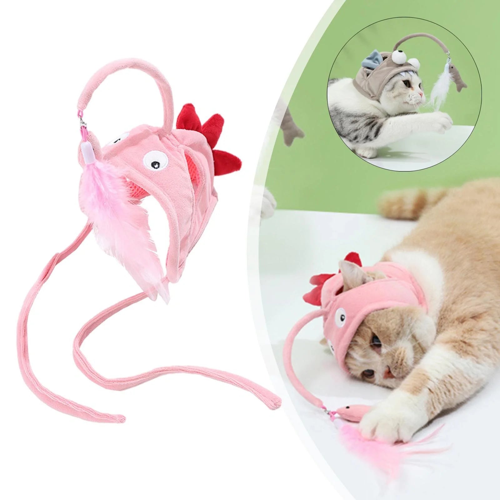 Adjustable head-wearing feather cat toy stick in various colors for indoor play