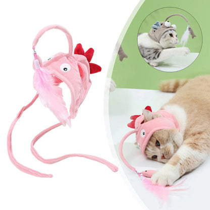 Adjustable head-wearing feather cat toy stick in various colors for indoor play