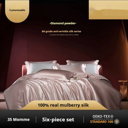 Household Fashion silk four-piece quilt cover set in solid colour showing 100% silk material texture and light luxury design