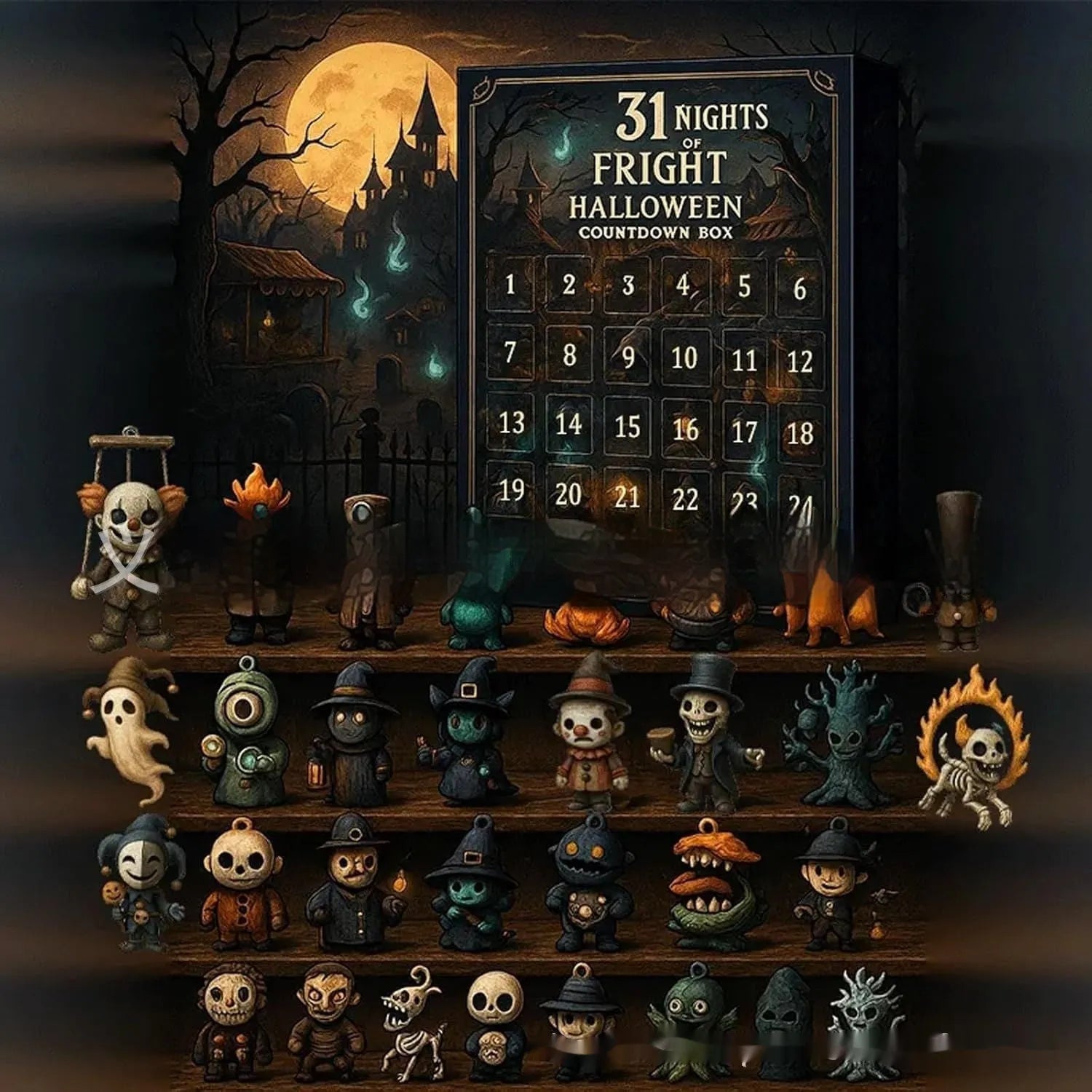 Halloween blind box advent countdown with resin dolls in plastic packaging for Christmas