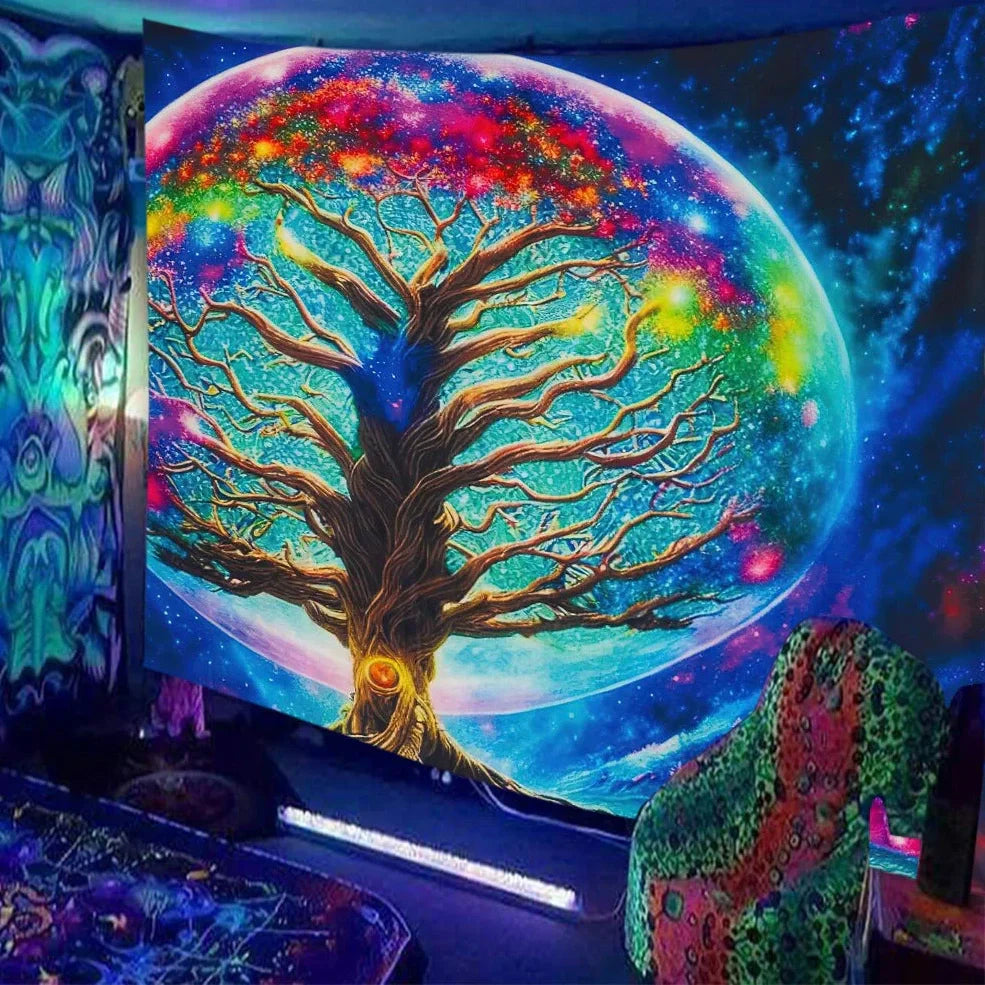 Skull print fluorescent wall tapestry showing detailed pattern on polyester fabric with hanging accessories