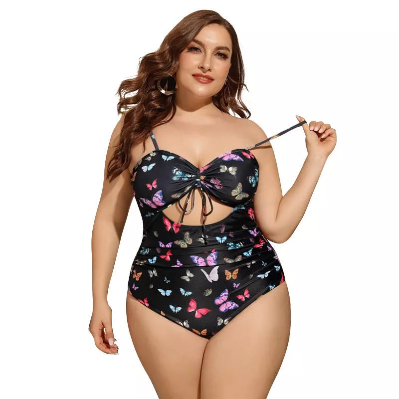 Plus size black print swimsuit with high elasticity for women