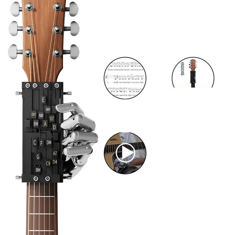 Black chord practice device for guitar beginners showing double chord design for transition practice