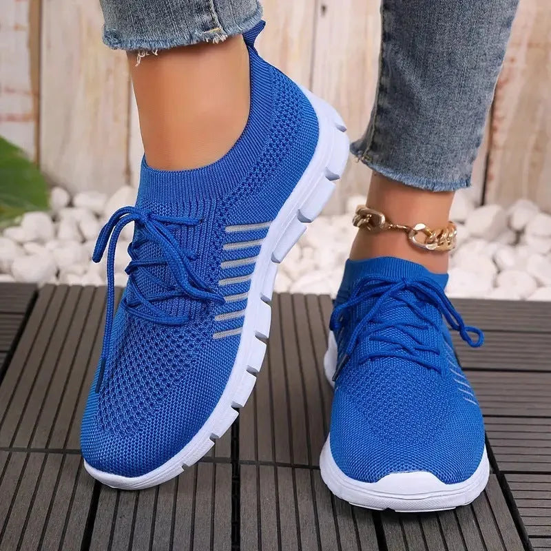 Women's casual mesh sports flat shoes with front tie design in multiple colour options