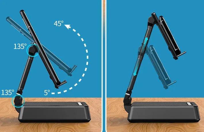 Black mobile phone broadcasting stand with Bluetooth speaker and HD microphone on desk