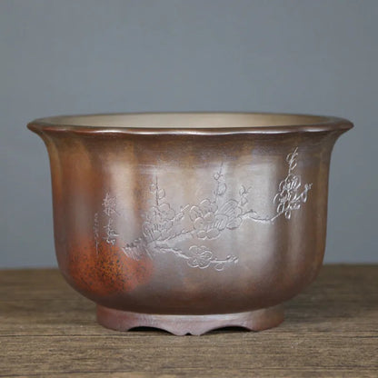Indoor antique carved purple sand ceramic flowerpot for bonsai plants in classical style