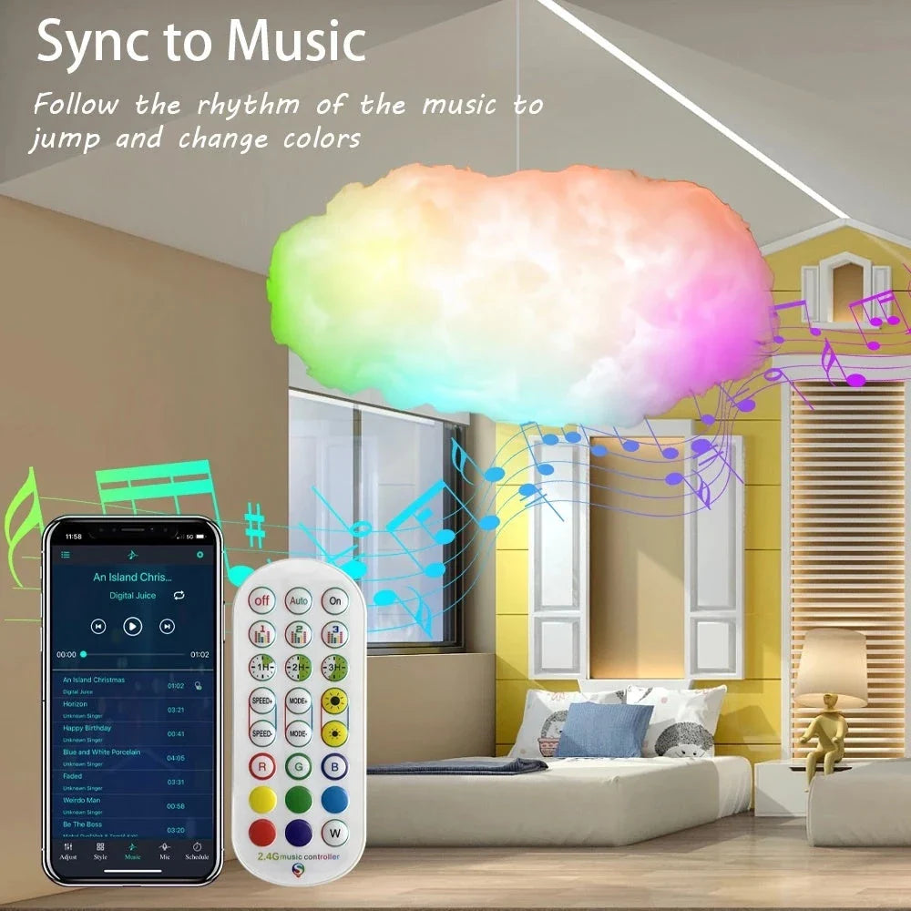 Magical cloud-shaped lighting fixture with color-changing LED lights and wireless music sync capability