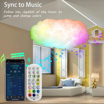 Magical cloud-shaped lighting fixture with color-changing LED lights and wireless music sync capability