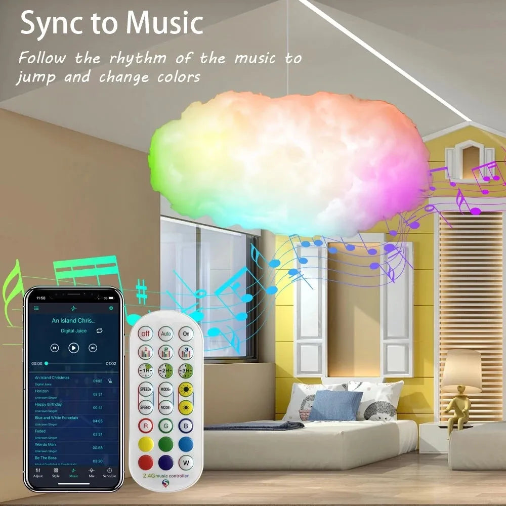 White fabric cloud-shaped ambient light with USB cable and remote control for music-synced RGBIC lighting