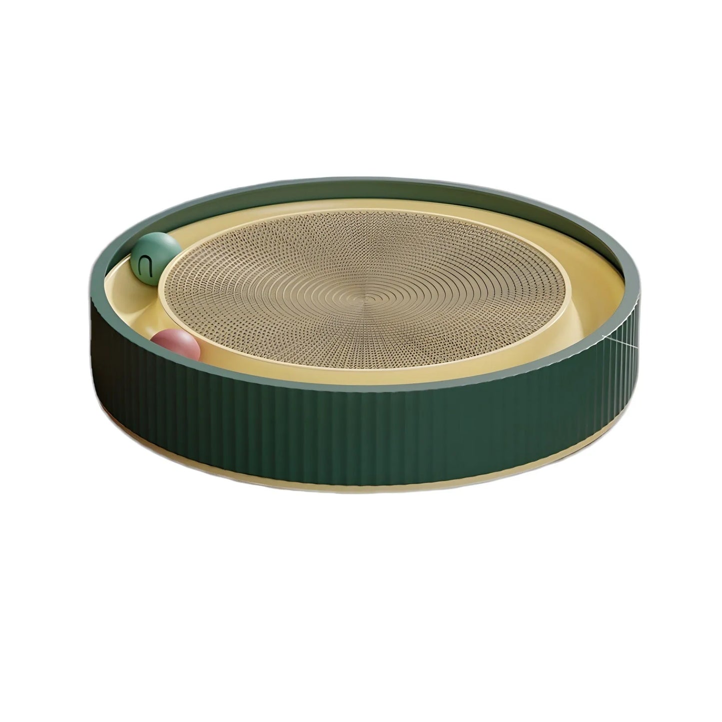 Green cat scratching board with 45cm diameter, high-density cardboard, and integrated ball toys for indoor cats