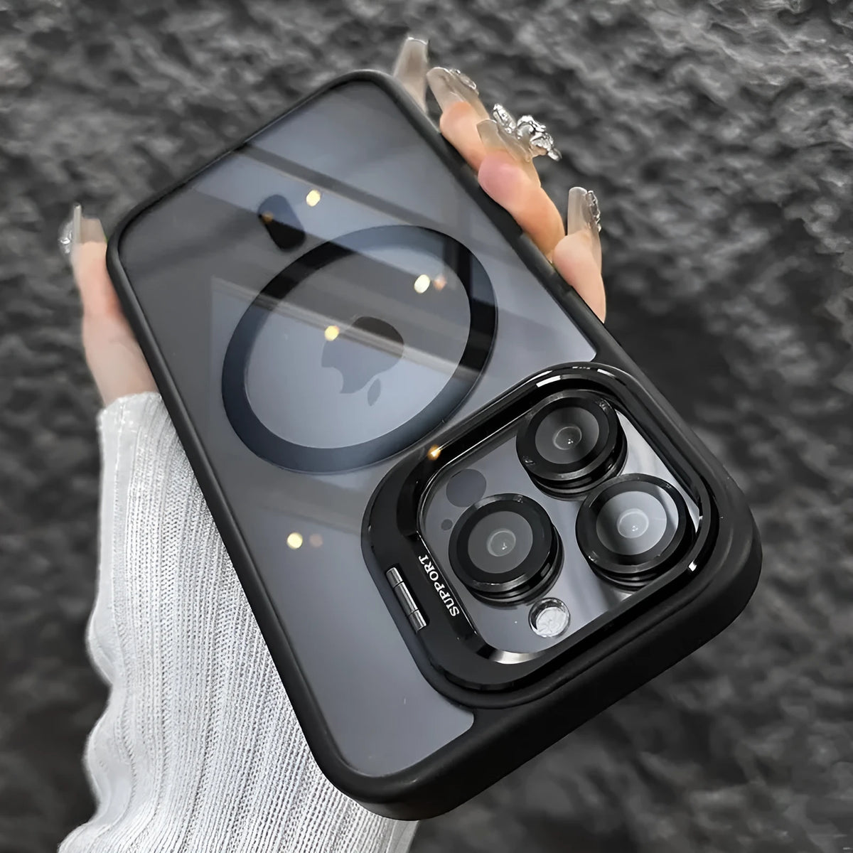 Transparent iPhone case with invisible bracket, CD pattern lens protector and hollow electroplated finish in black