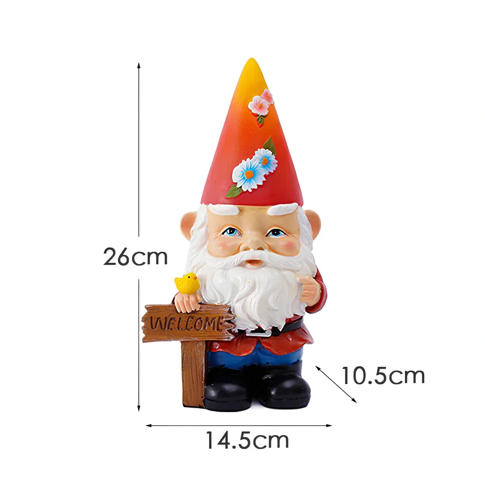 Solar-powered resin garden gnome with automatic lighting, 22cm tall bubble-blowing design