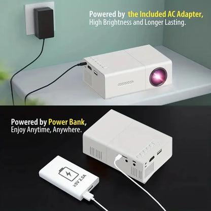 M100 Mini Projector in white or black with 100-inch screen, remote control, and cables for home cinema setup
