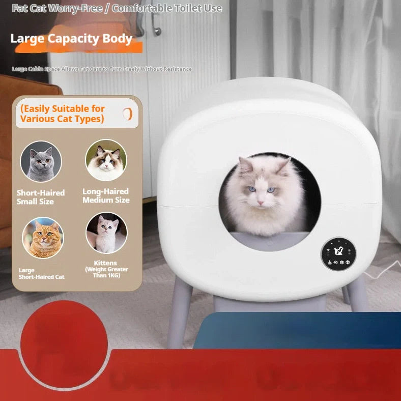 White automatic cat litter box with 550mm width, 13L waste compartment, and cleaning brush