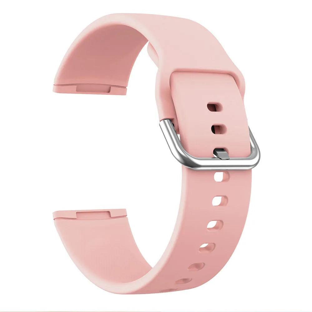 Silicone strap for Fitbit Versa 3 and Sense 2 in multiple colours with silver buckle on wrist