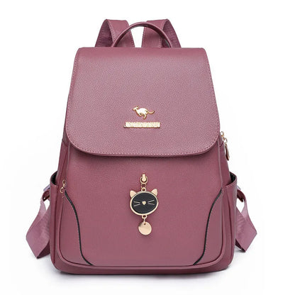Casual black PU leather women's backpack with a three-dimensional front pocket and street style design.
