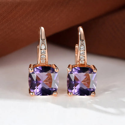 Square zircon inlaid ear hook earrings with geometric design and electroplated finish in golden tone