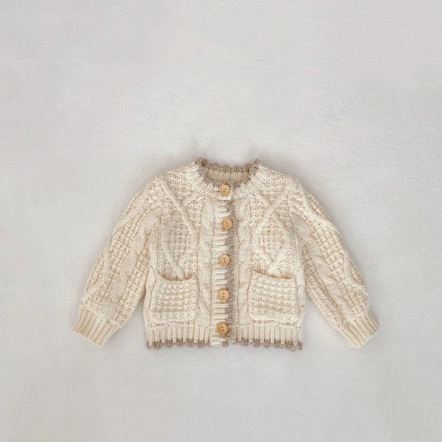 Girls' apricot white cotton knitted coat with round neck, shown in various height sizes from 66cm to 100cm