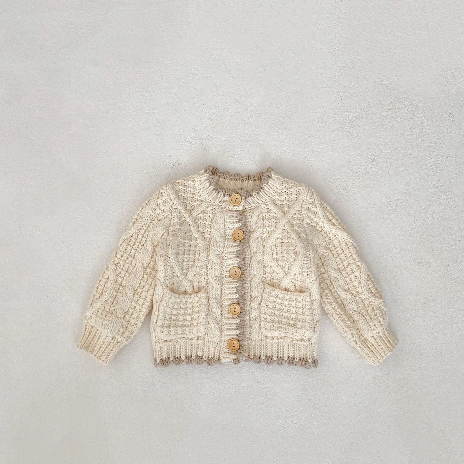 Girls' apricot white cotton knitted coat with round neck, shown in various height sizes from 66cm to 100cm