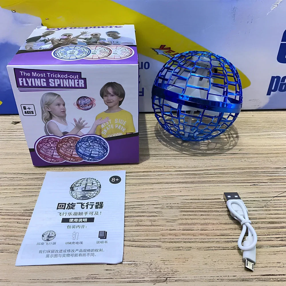 Magic Flying Ball interactive toy showing 9.5cm cube design with remote control and ring attachment options