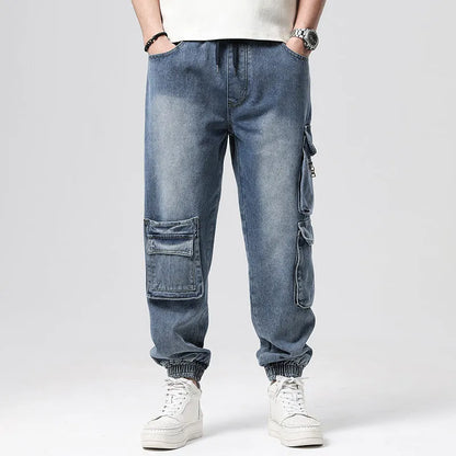 Men's loose-fit hip hop trousers with multi-pocket design in retro denim