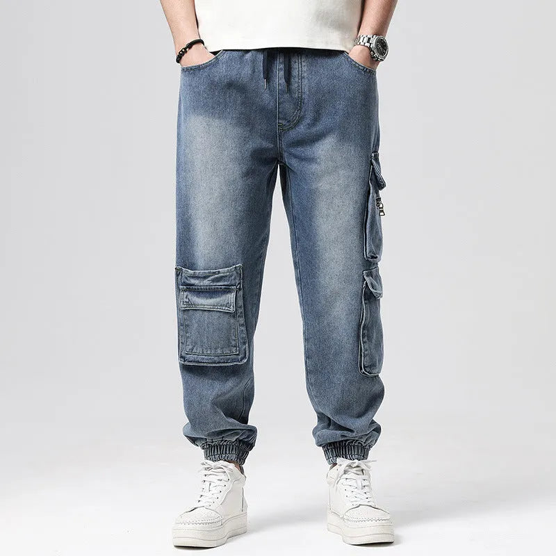 Hip hop men's nostalgic retro multi-pocket pants in loose-fit denim with skateboarding style, straight leg opening, high waist design, and micro-elastic cotton fabric for daily casual wear and autumn hip hop amekaji fashion