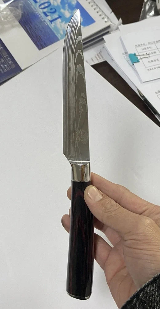 Coloured wooden handle steak knife with serrated stainless steel blade for cutting meats and fruits