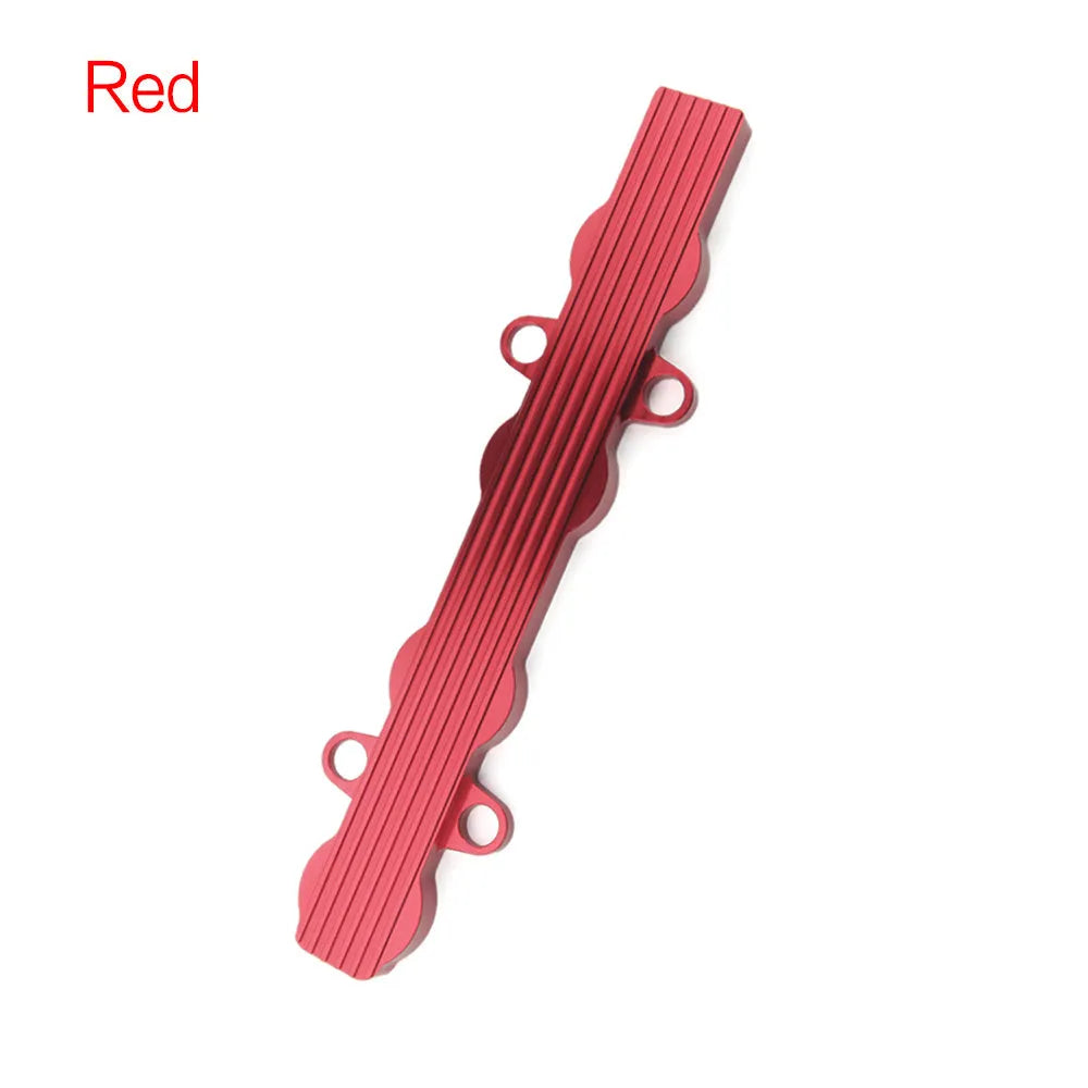 Aluminium alloy car engine wiring harness housing in blue, red, and silver colours