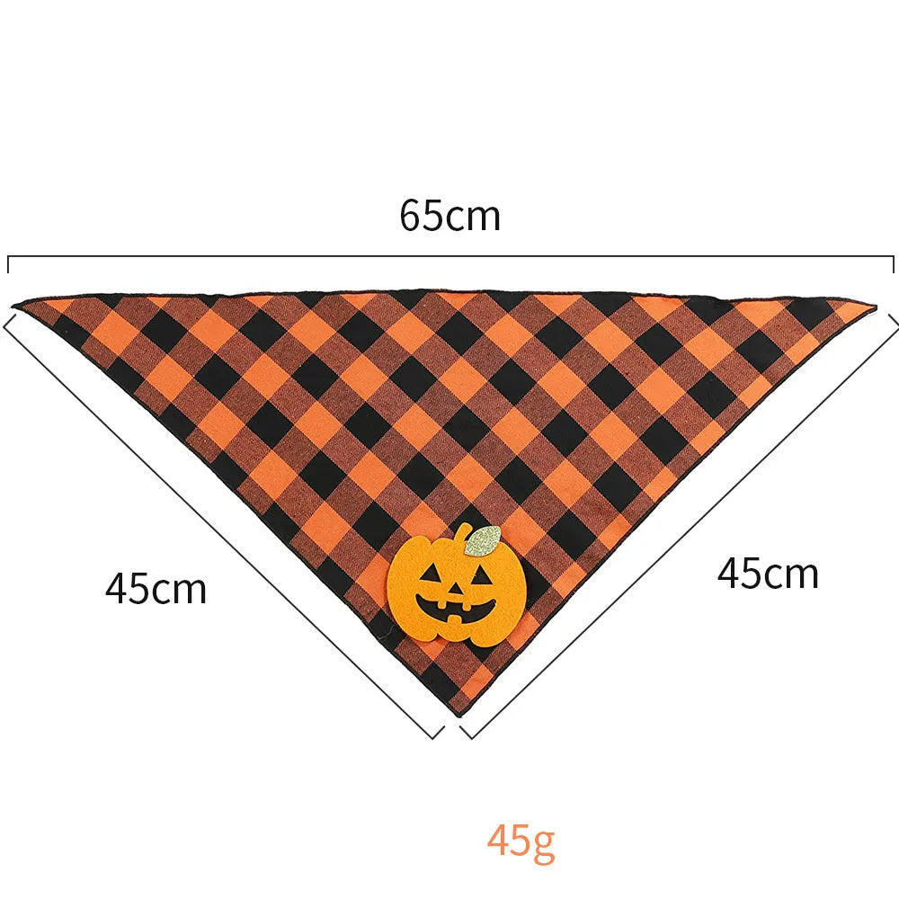 Orange plaid Halloween dog bandana with white skeleton and pumpkin felt appliques