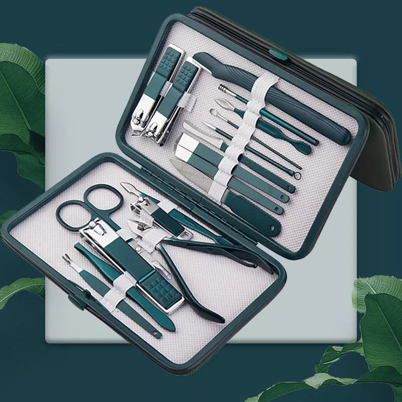 Professional stainless steel manicure set with emerald green case