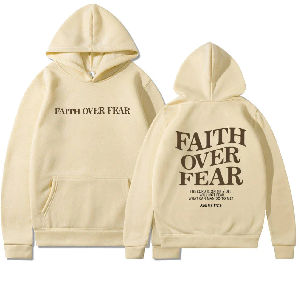 A stylish Christian hoodie with inspirational graphics and a message of faith over fear