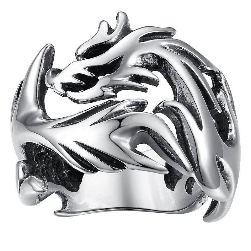 Adjustable Chinese style metal ring with a luminous dragon pattern in antique blue and green.
