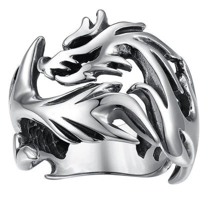 Adjustable Chinese style metal ring with a luminous dragon pattern in antique blue and green.