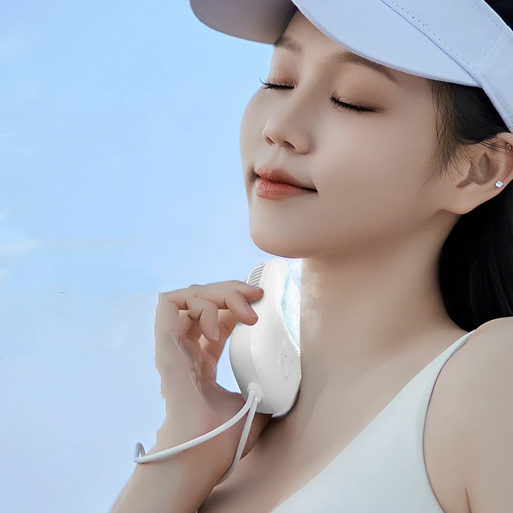 White neck fan with adjustable band and mechanical speed controls for personal cooling during activity