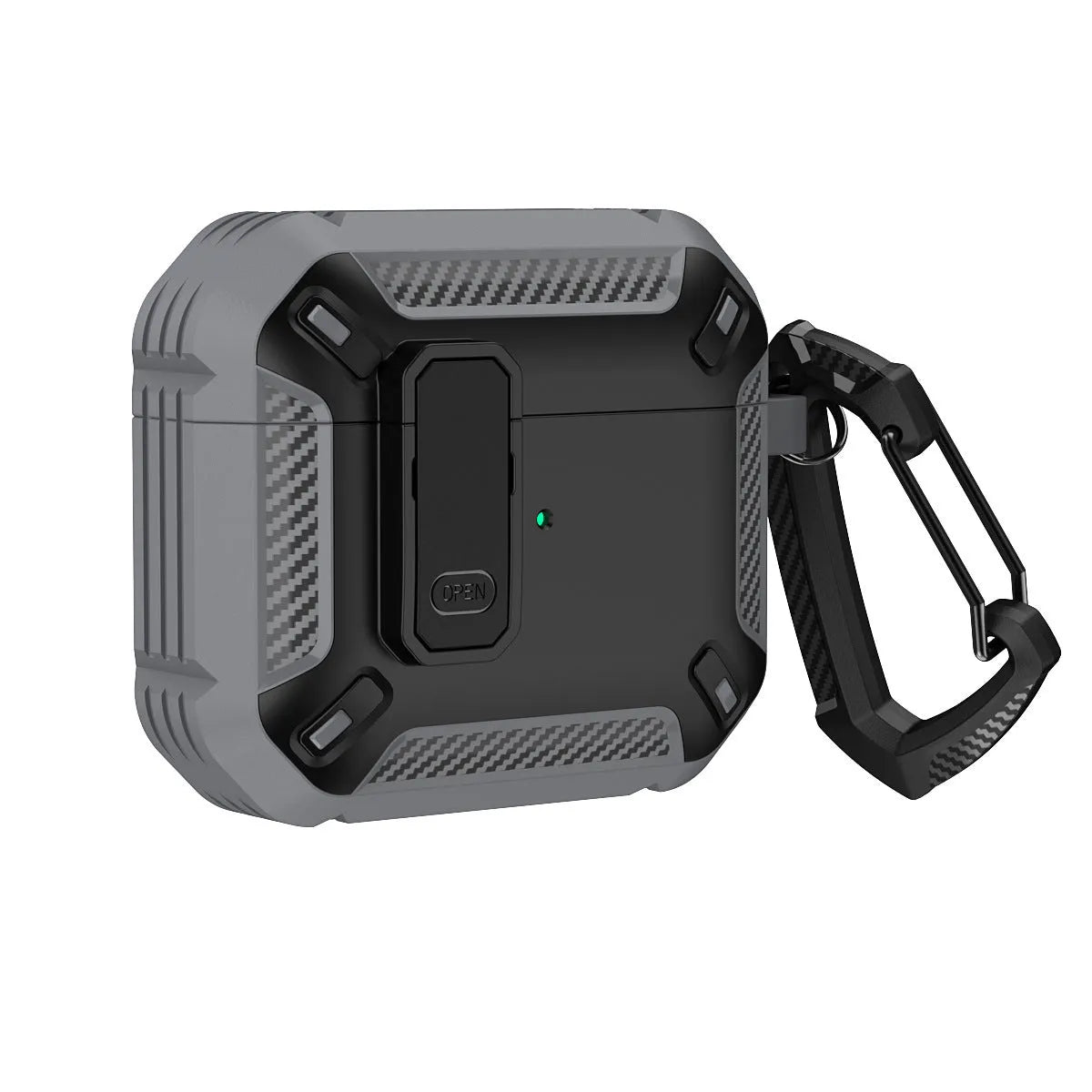 Hard plastic protective case for AirPods with a metal hook, shown in black and yellow two-tone colour.