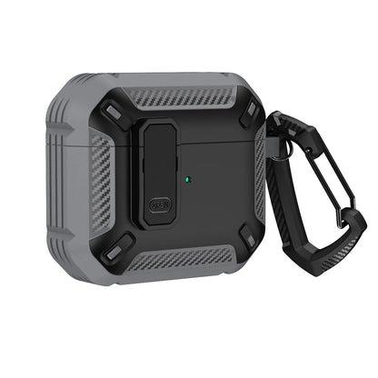 Hard plastic protective case for AirPods with a metal hook, shown in black and yellow two-tone colour.