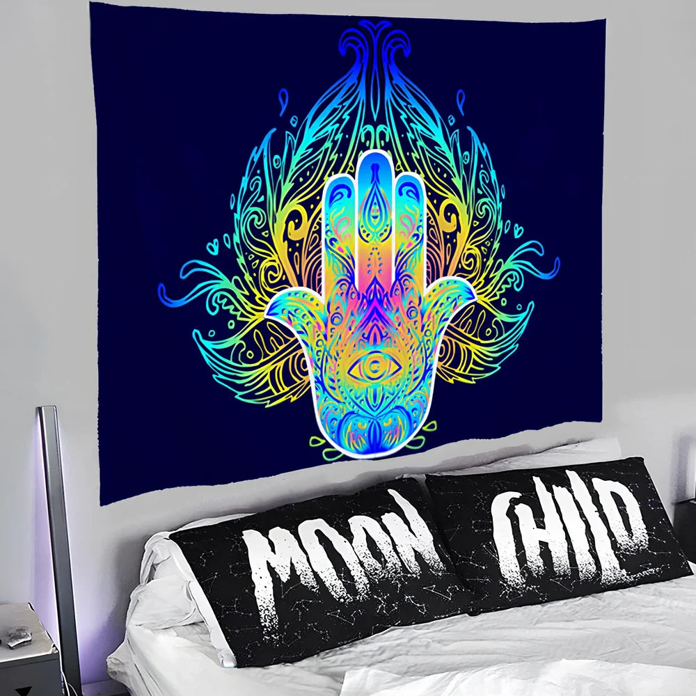 Psychedelic print polyester tapestry in 150x200cm size hanging on wall, vibrant colours on lightweight fabric