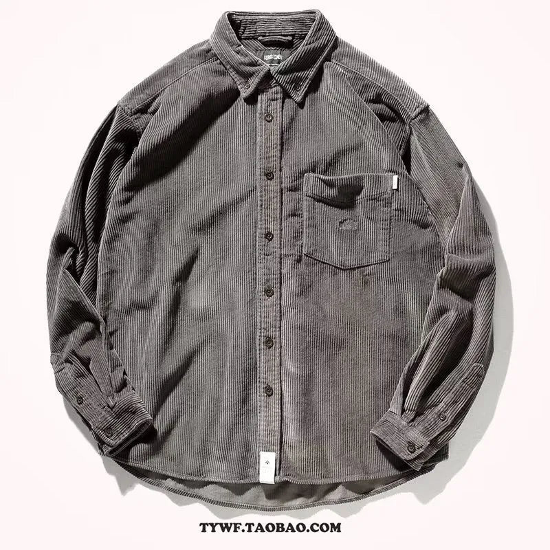 Long sleeve corduroy shirt in caramel colour with loose fit and cardigan style, suitable for casual wear.