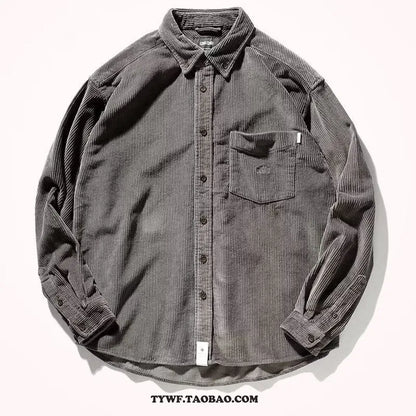 Long sleeve corduroy shirt in caramel colour with loose fit and cardigan style, suitable for casual wear.