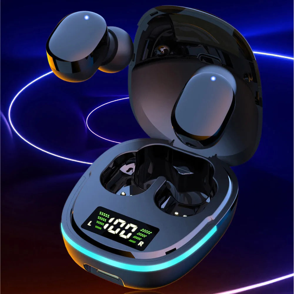 Black true wireless Bluetooth headphones with charging box showing digital battery display, silicone ear caps in three sizes