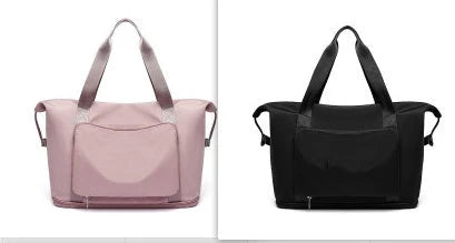 Roomy and foldable gym bag for women with waterproof Oxford fabric, multiple pockets, and wet/dry separation compartment